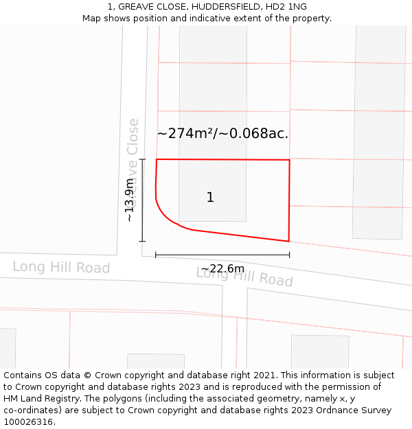 1, GREAVE CLOSE, HUDDERSFIELD, HD2 1NG: Plot and title map