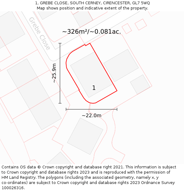 1, GREBE CLOSE, SOUTH CERNEY, CIRENCESTER, GL7 5WQ: Plot and title map