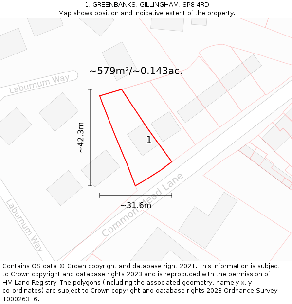 1, GREENBANKS, GILLINGHAM, SP8 4RD: Plot and title map