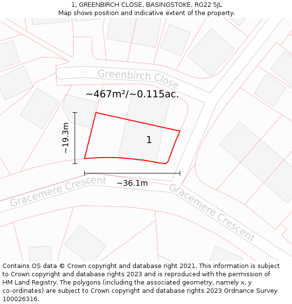 1, GREENBIRCH CLOSE, BASINGSTOKE, RG22 5JL: Plot and title map