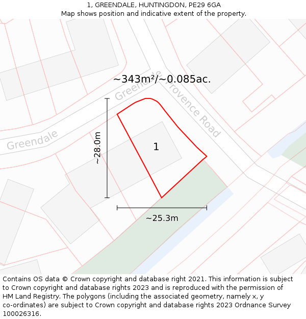 1, GREENDALE, HUNTINGDON, PE29 6GA: Plot and title map