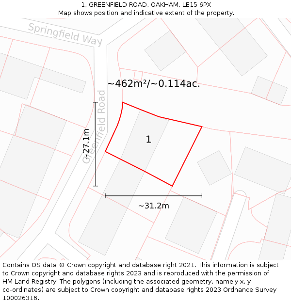 1, GREENFIELD ROAD, OAKHAM, LE15 6PX: Plot and title map