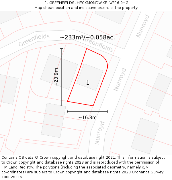 1, GREENFIELDS, HECKMONDWIKE, WF16 9HG: Plot and title map