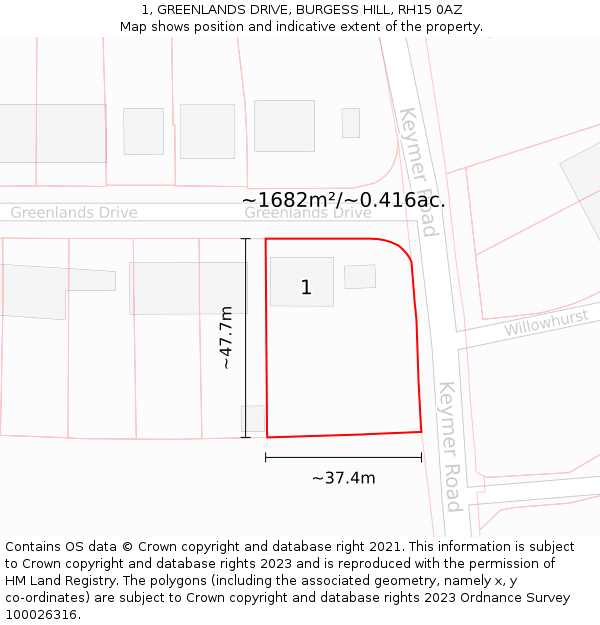 1, GREENLANDS DRIVE, BURGESS HILL, RH15 0AZ: Plot and title map