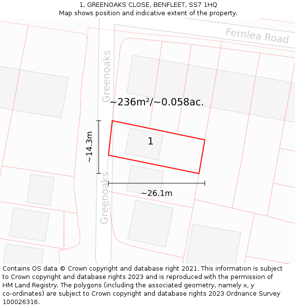 1, GREENOAKS CLOSE, BENFLEET, SS7 1HQ: Plot and title map