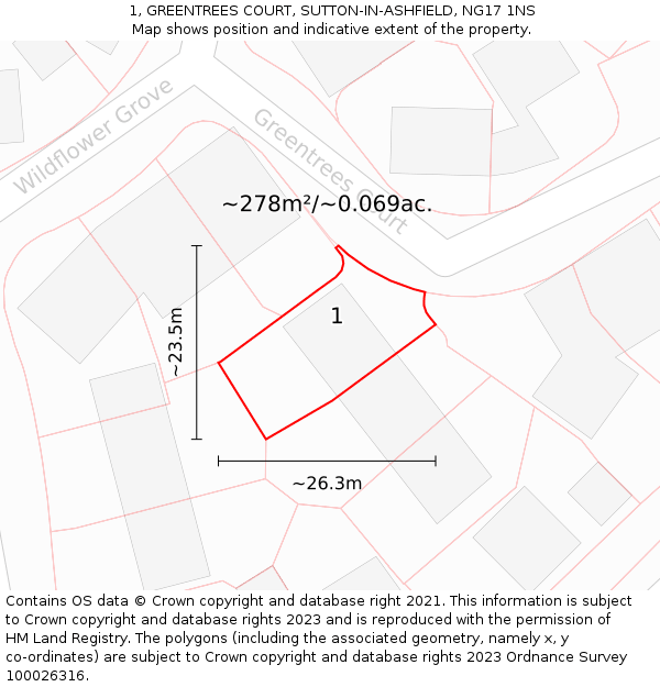 1, GREENTREES COURT, SUTTON-IN-ASHFIELD, NG17 1NS: Plot and title map