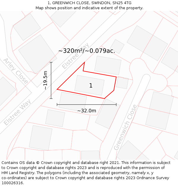 1, GREENWICH CLOSE, SWINDON, SN25 4TG: Plot and title map