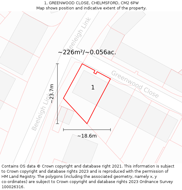 1, GREENWOOD CLOSE, CHELMSFORD, CM2 6PW: Plot and title map