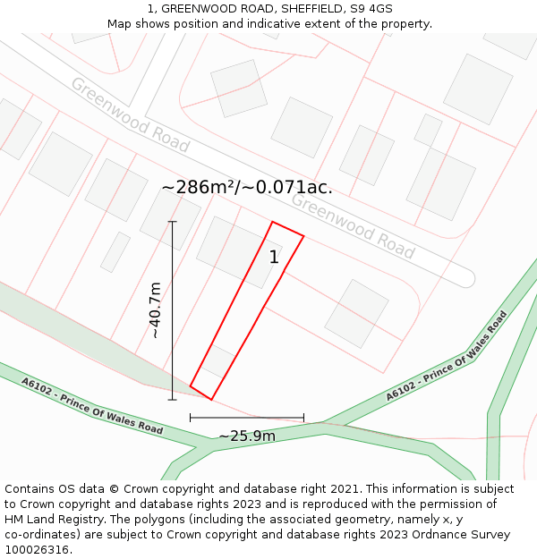 1, GREENWOOD ROAD, SHEFFIELD, S9 4GS: Plot and title map