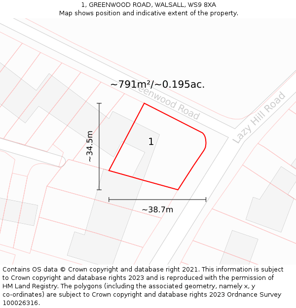 1, GREENWOOD ROAD, WALSALL, WS9 8XA: Plot and title map