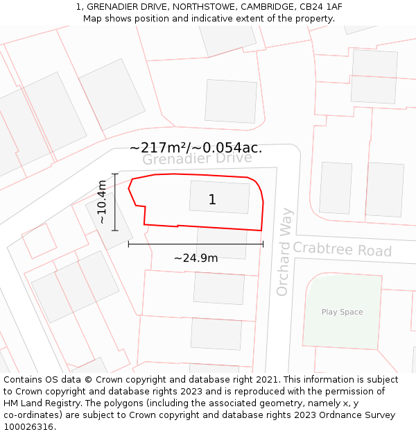 1, GRENADIER DRIVE, NORTHSTOWE, CAMBRIDGE, CB24 1AF: Plot and title map