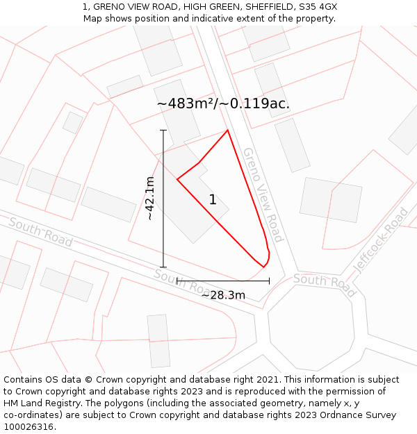 1, GRENO VIEW ROAD, HIGH GREEN, SHEFFIELD, S35 4GX: Plot and title map