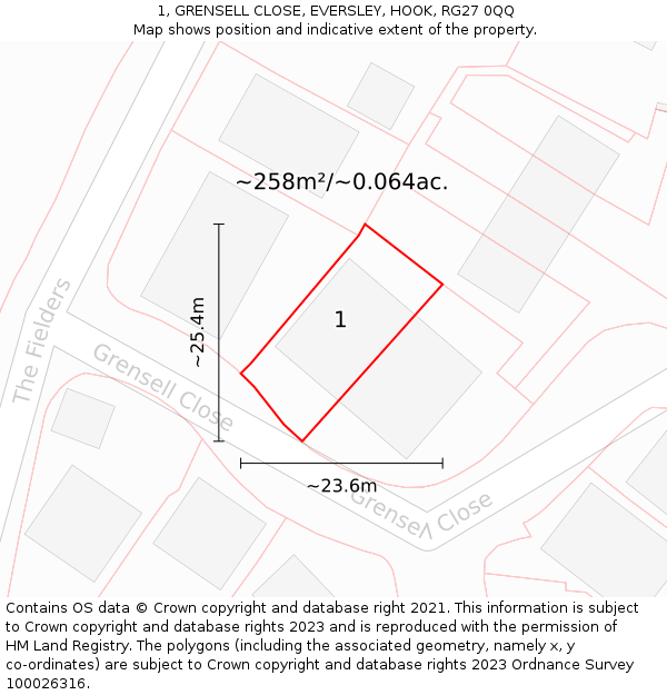 1, GRENSELL CLOSE, EVERSLEY, HOOK, RG27 0QQ: Plot and title map