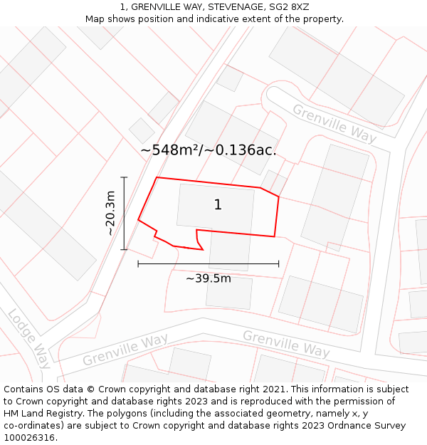 1, GRENVILLE WAY, STEVENAGE, SG2 8XZ: Plot and title map