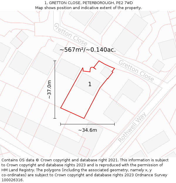 1, GRETTON CLOSE, PETERBOROUGH, PE2 7WD: Plot and title map