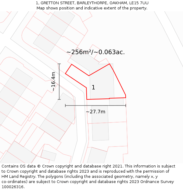 1, GRETTON STREET, BARLEYTHORPE, OAKHAM, LE15 7UU: Plot and title map