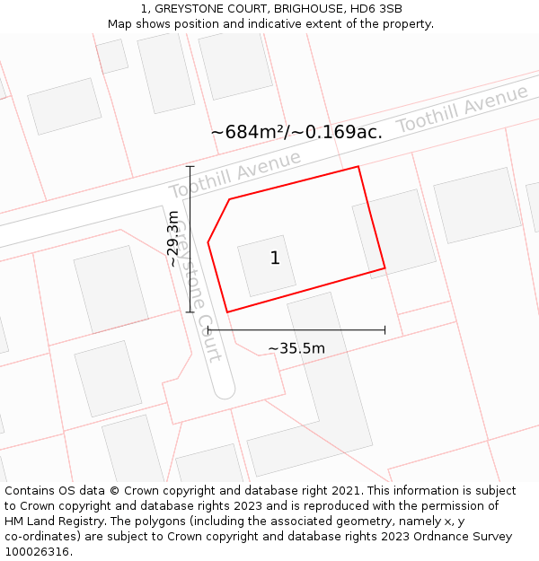 1, GREYSTONE COURT, BRIGHOUSE, HD6 3SB: Plot and title map