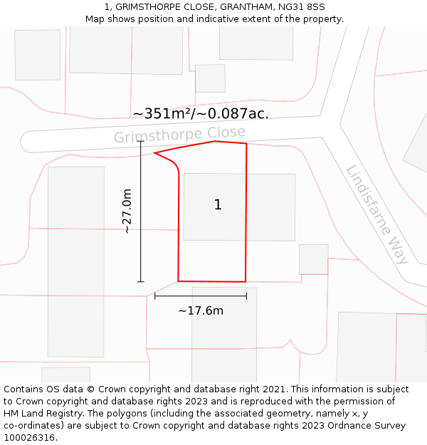 1, GRIMSTHORPE CLOSE, GRANTHAM, NG31 8SS: Plot and title map