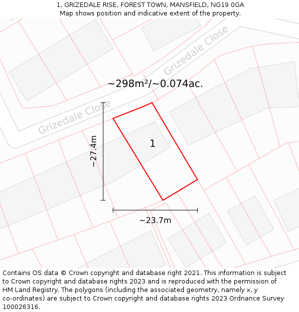 1, GRIZEDALE RISE, FOREST TOWN, MANSFIELD, NG19 0GA: Plot and title map