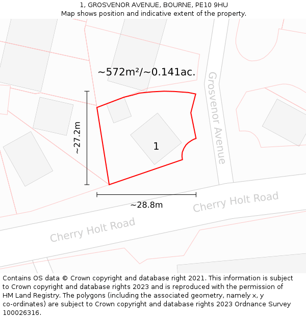 1, GROSVENOR AVENUE, BOURNE, PE10 9HU: Plot and title map