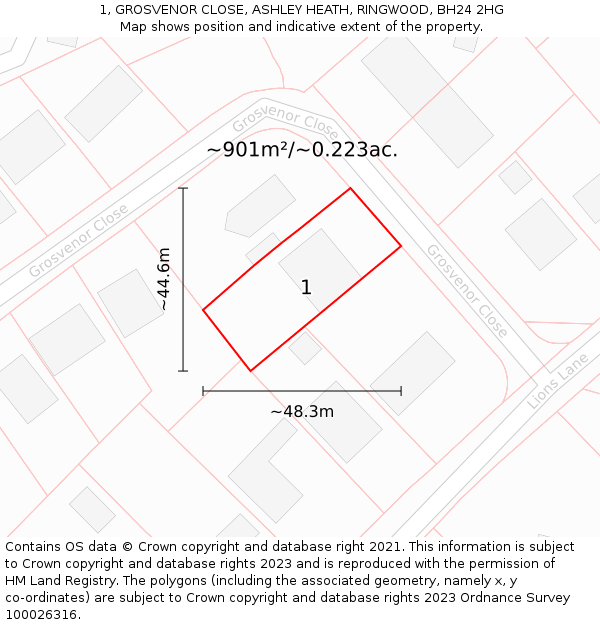 1, GROSVENOR CLOSE, ASHLEY HEATH, RINGWOOD, BH24 2HG: Plot and title map