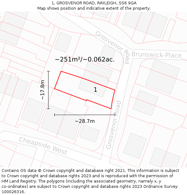1, GROSVENOR ROAD, RAYLEIGH, SS6 9GA: Plot and title map