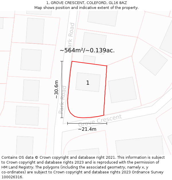 1, GROVE CRESCENT, COLEFORD, GL16 8AZ: Plot and title map