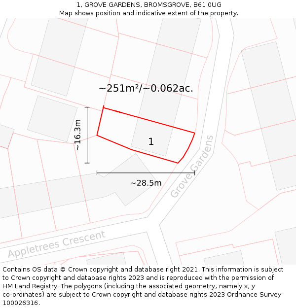 1, GROVE GARDENS, BROMSGROVE, B61 0UG: Plot and title map