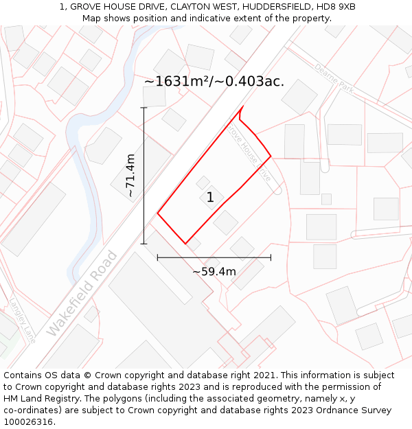 1, GROVE HOUSE DRIVE, CLAYTON WEST, HUDDERSFIELD, HD8 9XB: Plot and title map