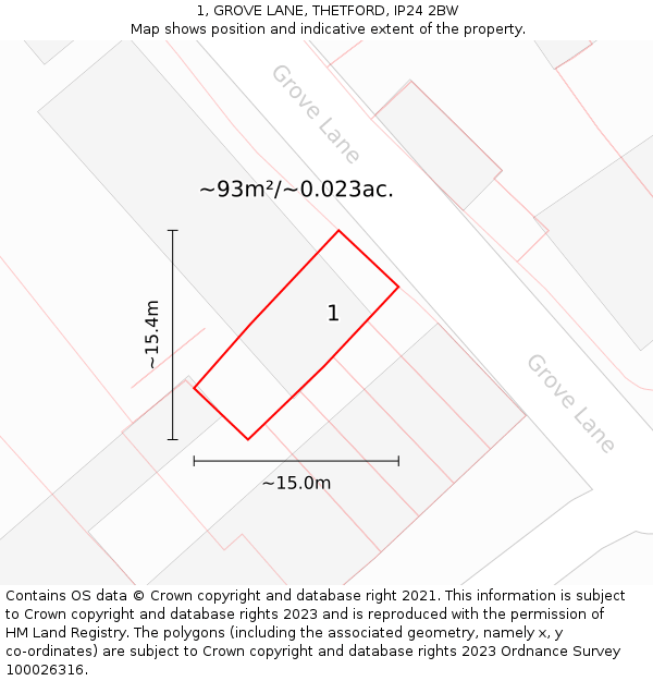 1, GROVE LANE, THETFORD, IP24 2BW: Plot and title map