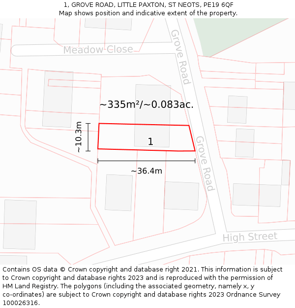 1, GROVE ROAD, LITTLE PAXTON, ST NEOTS, PE19 6QF: Plot and title map