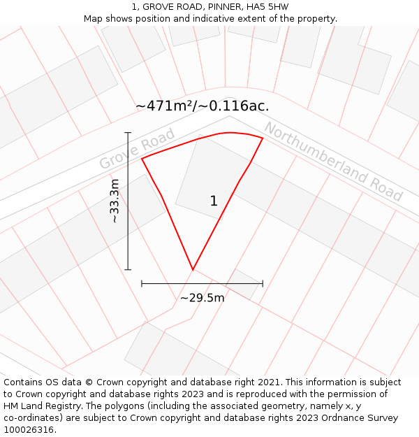 1, GROVE ROAD, PINNER, HA5 5HW: Plot and title map