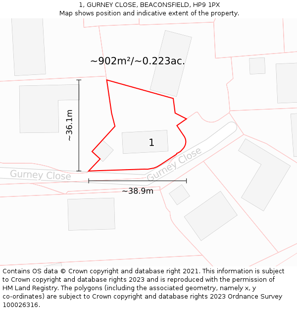 1, GURNEY CLOSE, BEACONSFIELD, HP9 1PX: Plot and title map