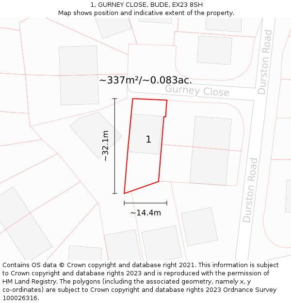 1, GURNEY CLOSE, BUDE, EX23 8SH: Plot and title map