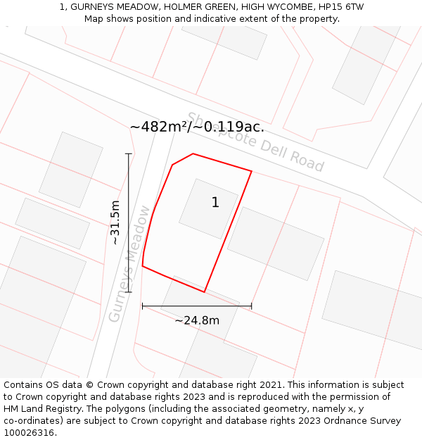 1, GURNEYS MEADOW, HOLMER GREEN, HIGH WYCOMBE, HP15 6TW: Plot and title map