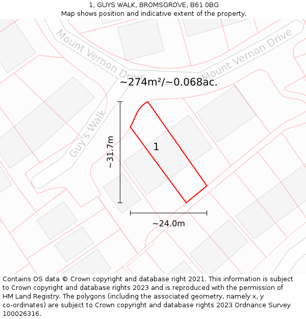 1, GUYS WALK, BROMSGROVE, B61 0BG: Plot and title map