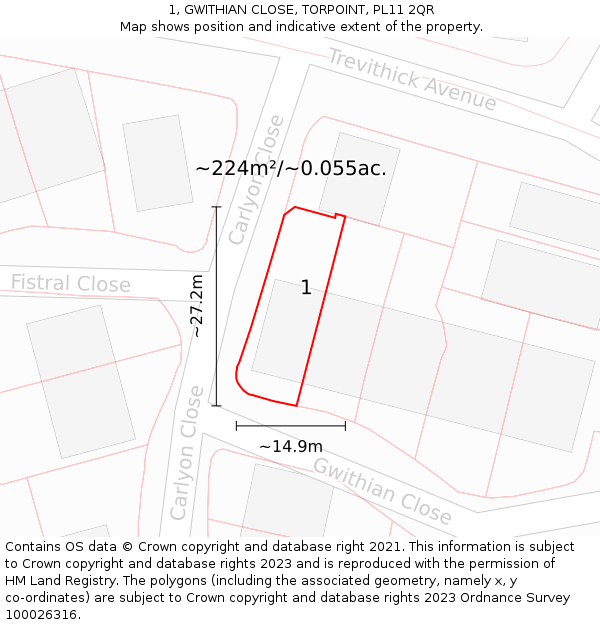 1, GWITHIAN CLOSE, TORPOINT, PL11 2QR: Plot and title map