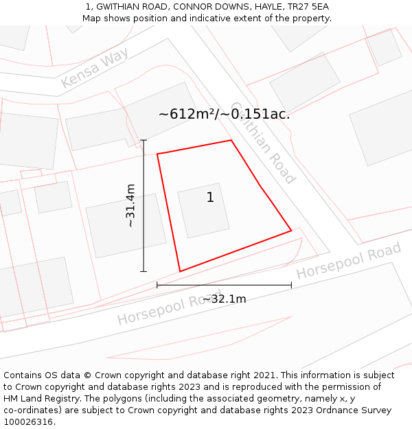 1, GWITHIAN ROAD, CONNOR DOWNS, HAYLE, TR27 5EA: Plot and title map