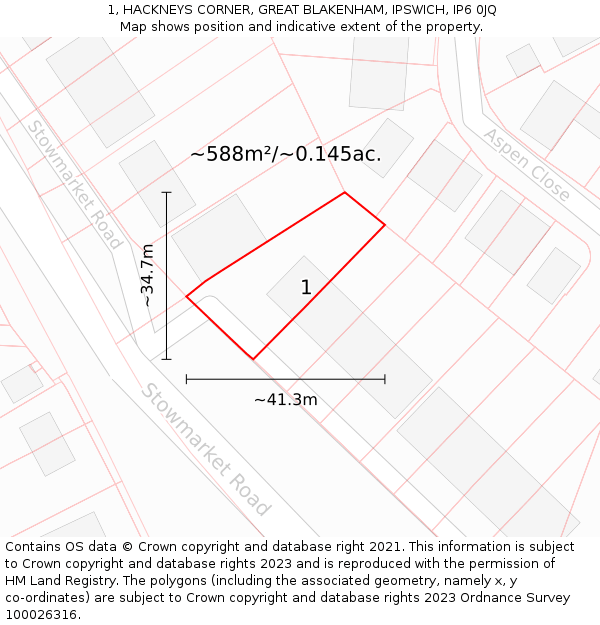 1, HACKNEYS CORNER, GREAT BLAKENHAM, IPSWICH, IP6 0JQ: Plot and title map