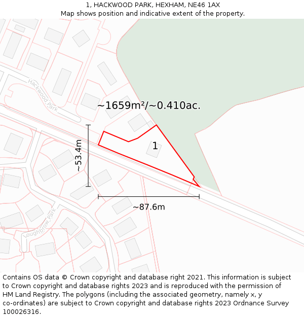 1, HACKWOOD PARK, HEXHAM, NE46 1AX: Plot and title map