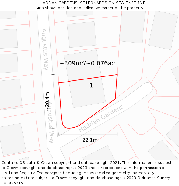 1, HADRIAN GARDENS, ST LEONARDS-ON-SEA, TN37 7NT: Plot and title map