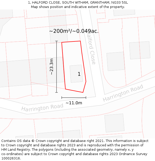 1, HALFORD CLOSE, SOUTH WITHAM, GRANTHAM, NG33 5SL: Plot and title map