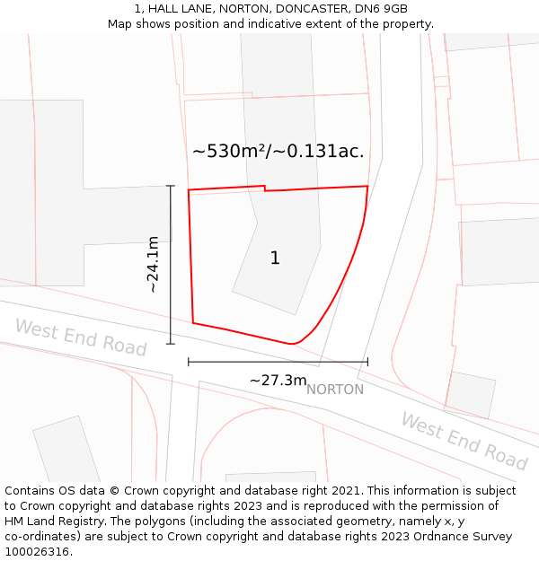 1, HALL LANE, NORTON, DONCASTER, DN6 9GB: Plot and title map