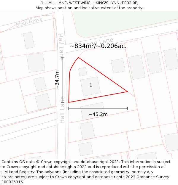 1, HALL LANE, WEST WINCH, KING'S LYNN, PE33 0PJ: Plot and title map