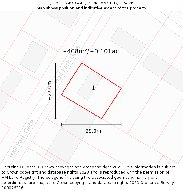 1, HALL PARK GATE, BERKHAMSTED, HP4 2NL: Plot and title map