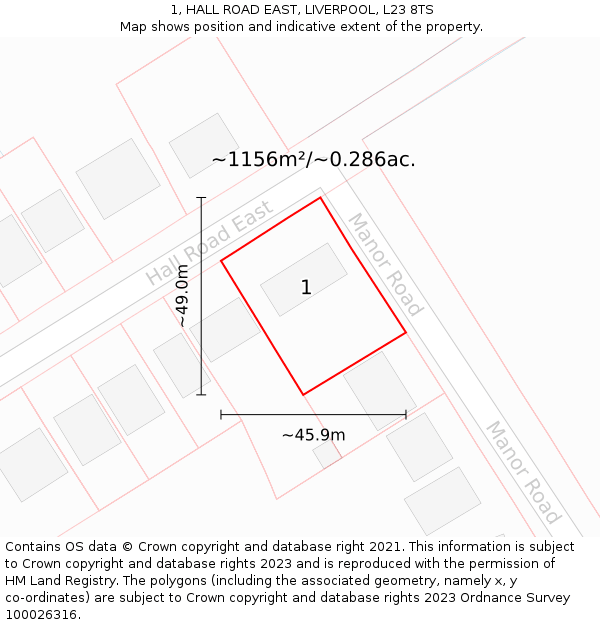 1, HALL ROAD EAST, LIVERPOOL, L23 8TS: Plot and title map