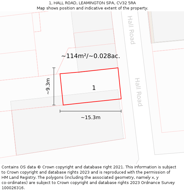 1, HALL ROAD, LEAMINGTON SPA, CV32 5RA: Plot and title map