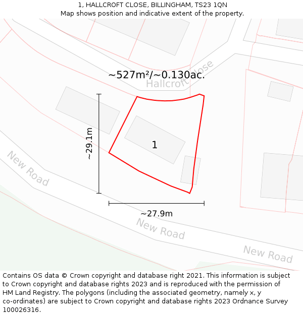 1, HALLCROFT CLOSE, BILLINGHAM, TS23 1QN: Plot and title map