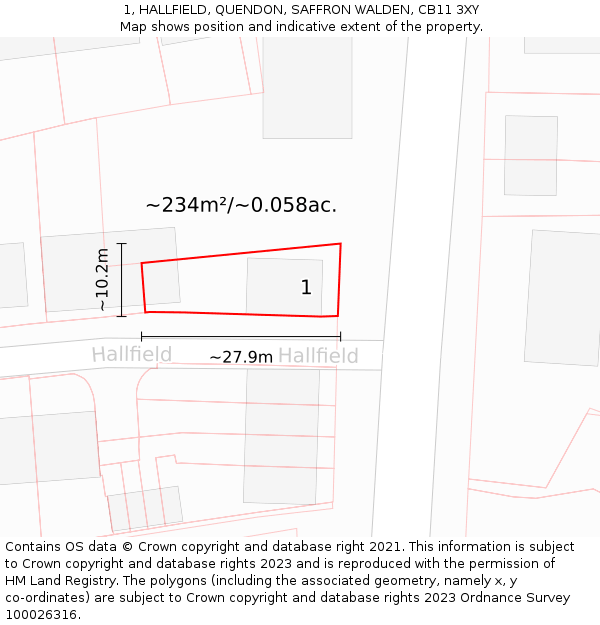 1, HALLFIELD, QUENDON, SAFFRON WALDEN, CB11 3XY: Plot and title map