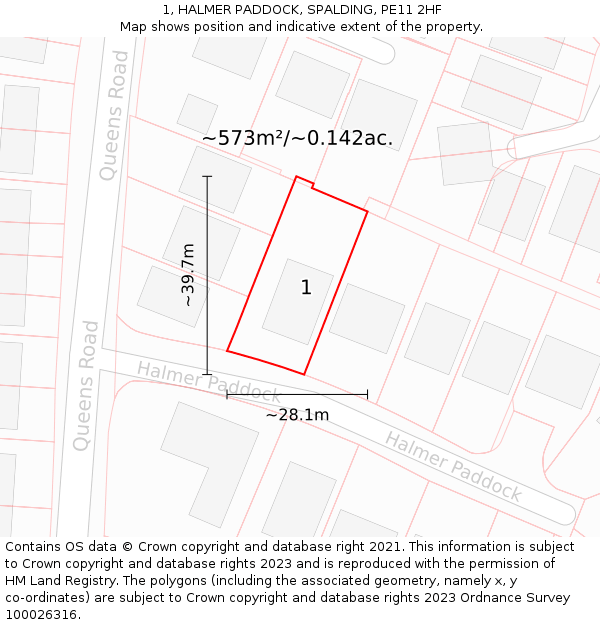 1, HALMER PADDOCK, SPALDING, PE11 2HF: Plot and title map